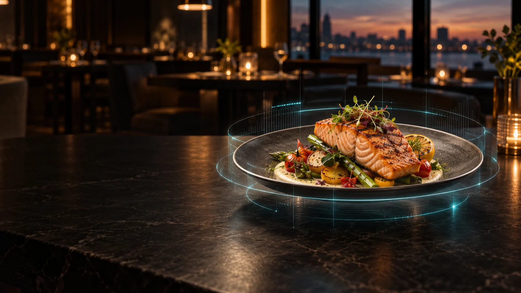 A plated salmon dish presented with subtle augmented-reality scan rings in a restaurant